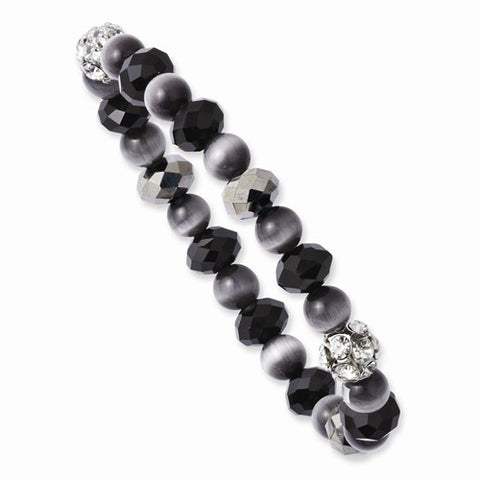 Silver-tone Black & Clear Crystal w/Grey Acrylic Bead Stretch Bracelet