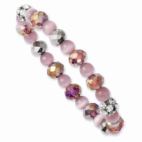 Silver-tone Purple/Grey/Clear Crystal w/Purple Beads Stretch Bracelet