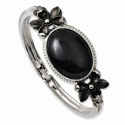 Silver-tone Black Crystal w/Flowers Bracelet