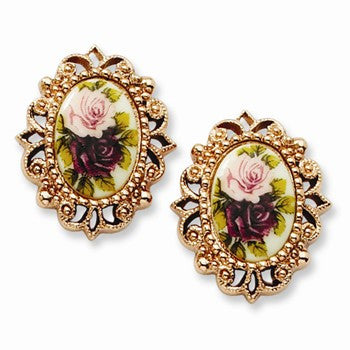 Rose-tone Floral Decal Oval Post Earrings
