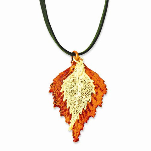 Iridescent Copper, 24K Gold Dipped Double Birch Leaf Necklace