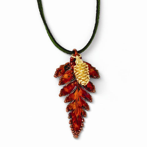 Iridescent Copper Fern Leaf, K Gold Dipped Pine Cone Necklace