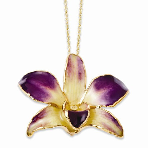 Lacquer Dipped Gold Trimmed Purple, Yellow Dendrobium Orchid Necklace