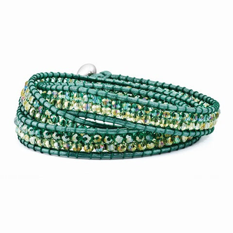Multi Green Aurora Borealis Crystal Beaded Leather Multi-Wrap Bracelet
