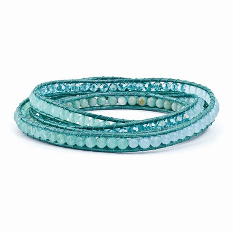 Amazonite & Crystal & Blue Quartz & Leather Multi-Wrap Bracelet