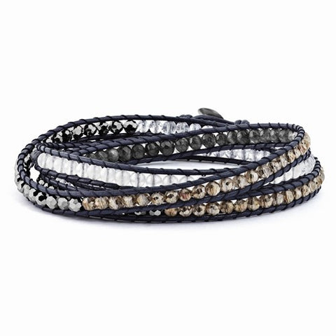 White , Grey Quartz, Multi Crystal Multi-Wrap Leather Bracelet