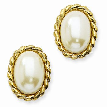 Gold-tone Cultura Glass Pearl Oval Button Post Earring, Jewelry Earrings
