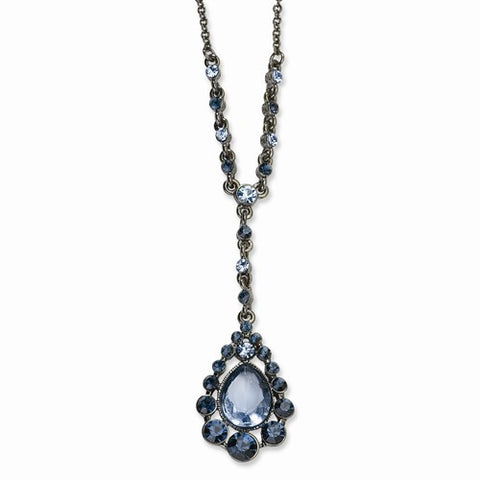 Black-plated Lt & Dk Blue Glass Stone & Beads Necklace