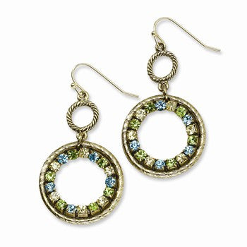 Brass-tone Blue, Green Lt. Colorado Crystal Dangle Earrings