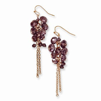 Brass-tone Purple Glass Beads Cluster Dangle Earrings