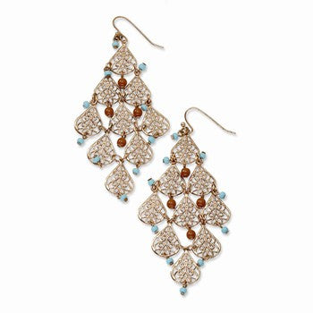Copper-tone Aqua Brown Acrylic Beads Ch&elier Earrings