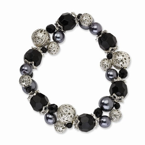 Silver-tone Black & Hematite Acrylic Beads Stretch Bracelet