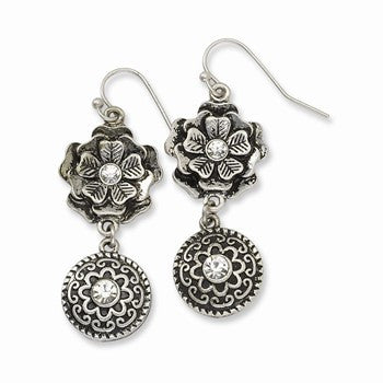 Silver-tone Double Drop Floral Discs w/ Clear Glass Dangle Earrings