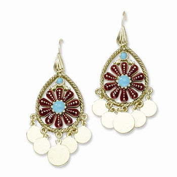 Brass-tone Teal Red Enamel Fancy Teardrop Dangle Earrings