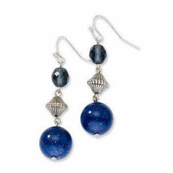 Silver-tone Blue Bead Crystal Dangle Earrings