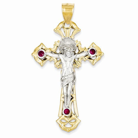 14k Gold Two-tone Polished with Red CZs Crucifix pendant, Stylish Pendants for Necklace
