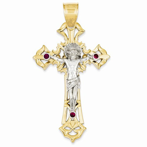 14k Gold Two-tone Polished with Red CZs Crucifix pendant, Classy Pendants for Necklace