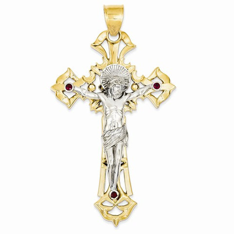 14k Gold Two-tone Polished with Red CZs Crucifix pendant, Alluring Pendants for Necklace