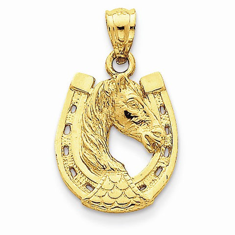 14k Gold Solid Polished Horse Head in Horseshoe Pendant, Pendants for Necklace