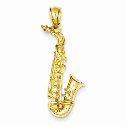 14k Gold Solid Polished 3-D Saxophone Pendant, Pendants for Necklace