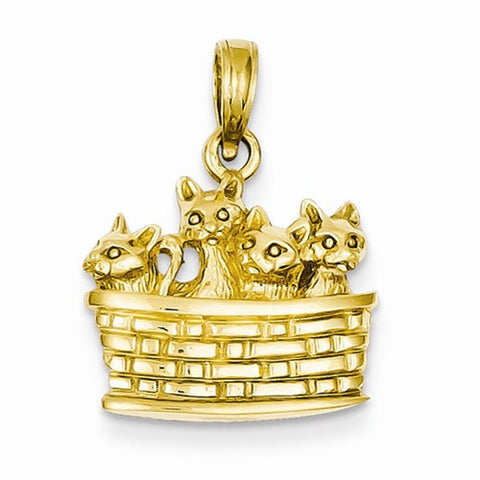 14k Gold Solid Polished 3-Dimensional Kittens in Basket Pendant, Pendants for Necklace