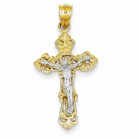 14k Gold Two-tone INRI Fleur De Lis Crucifix pendant, Exquisite Pendants for Necklace