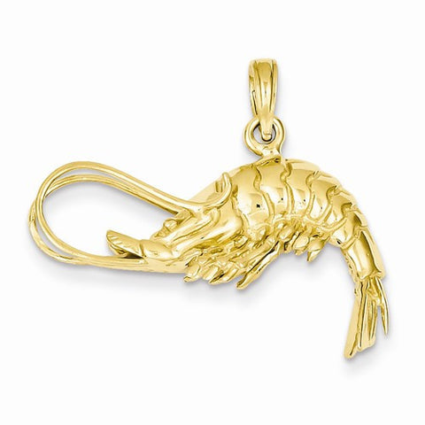 14k Gold Polished 3-Dimensional Shrimp Pendant, Pendants for Necklace