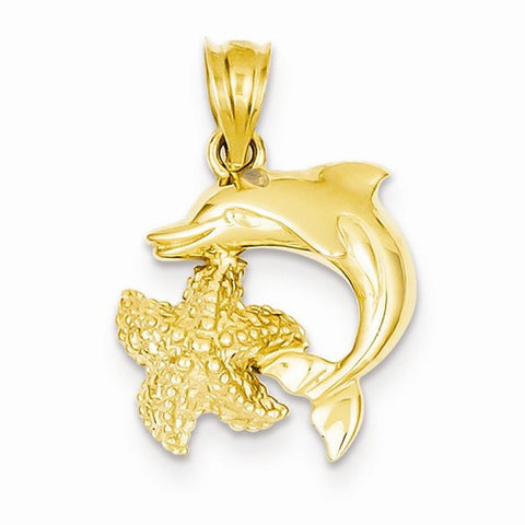 14k Gold Polished Open-Backed Dolphin & Starfish Pendant, Pendants for Necklace