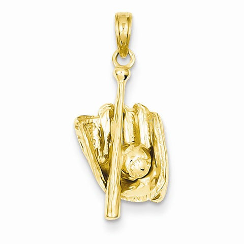 14k Gold Polished 3-Dimensional Glove/Bat/Ball Baseball pendant, Pendants for Necklace