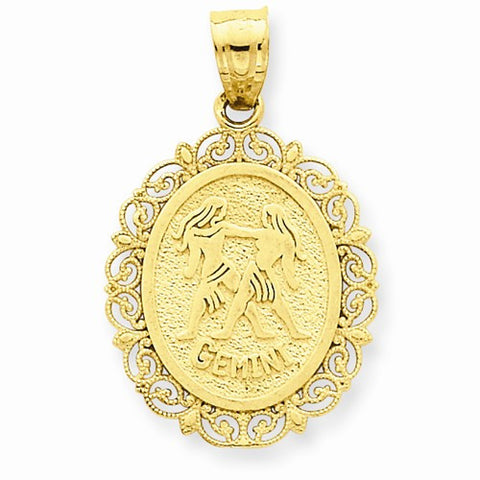 14k Gold Solid Satin Polished Gemini Zodiac Oval Pendant, Pendants for Necklace