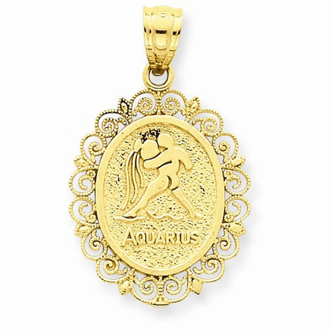 14k Gold Solid Satin Polished Aquarius Zodiac Oval Pendant, Pendants for Necklace