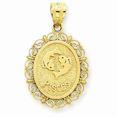 14k Gold Solid Satin Polished Pisces Zodiac Oval Pendant, Pendants for Necklace