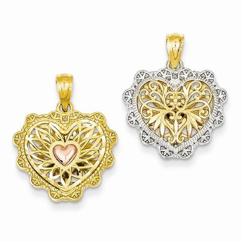 14k Gold Yellow & Rose Gold Rhodium Reversible Filigree Heart Pendant, Pendants for Necklace