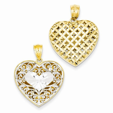 14k Gold Two-tone Filigree & Basket Weave Reversible Heart Pendant, Pendants for Necklace