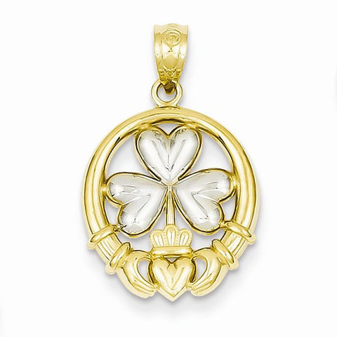 14k Gold Rhodium Claddagh w/Shamrock Pendant, Pendants for Necklace