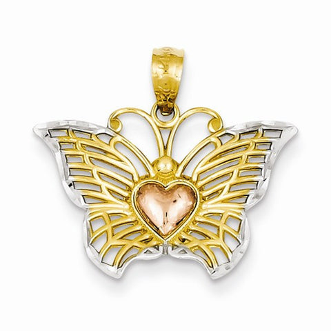 14k Gold Yellow & Rose w/Rhodium Butterfly with Heart Pendant, Pendants for Necklace