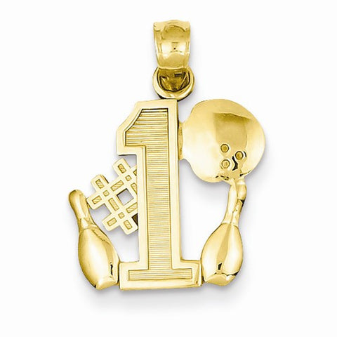 14k Gold #1 Bowling Story with Ball and 2 Pins Pendant, Pendants for Necklace