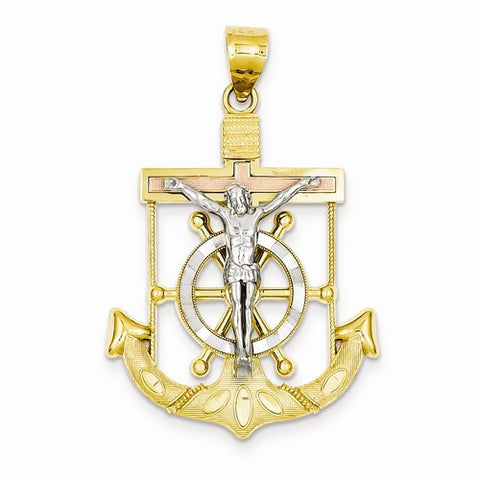 14k Gold Tri-color Diamond-cut w/Textured Mariner's Cross pendant, Charm