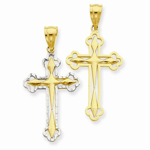14k Gold w/Rhodium Diamond-cut Reversible Budded Cross Pendant, Pendants for Necklace