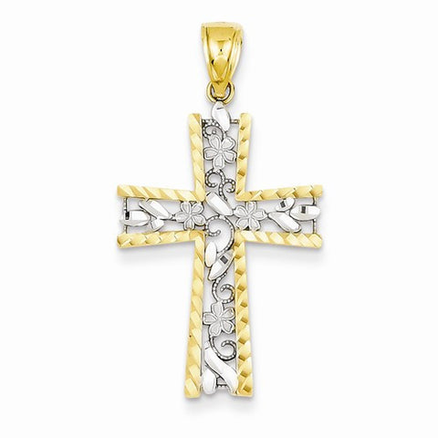 14k Gold w/Rhodium Flower Design Cross Pendant, Pendants for Necklace