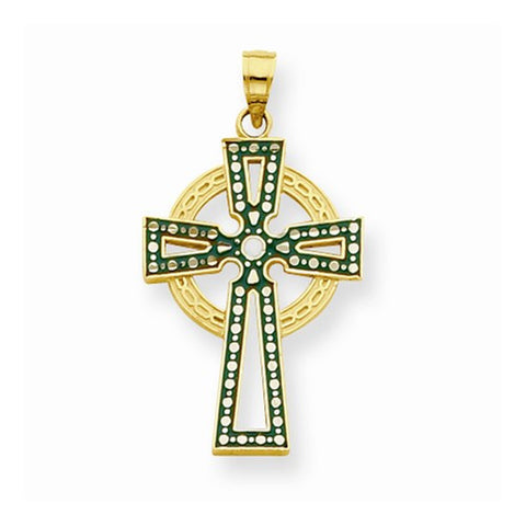 14k Gold Green & White Enameled Diamond-cut Celtic Cross Pendant, Pendants for Necklace