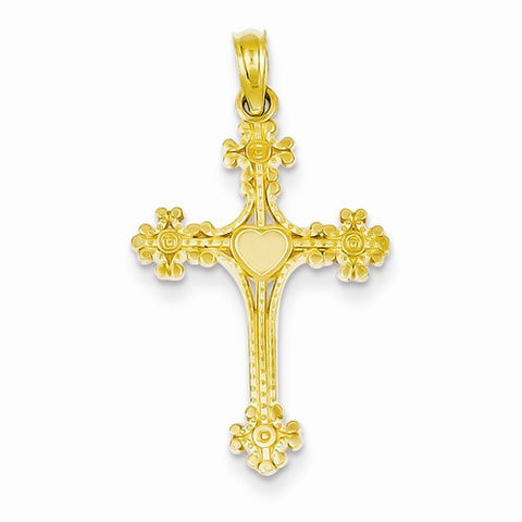 14k Gold Beaded Tip Cross w/Heart Center Pendant, Pendants for Necklace