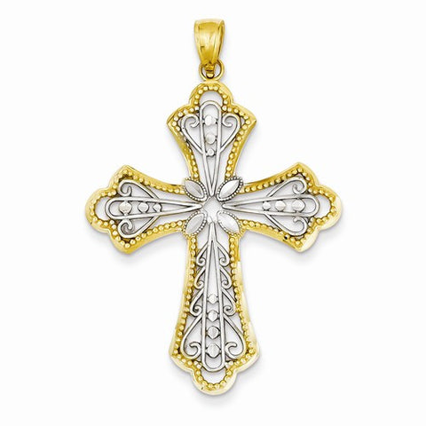 14k Gold w/Rhodium Diamond-cut Filigree Cut-out Cross Pendant, Pendants for Necklace