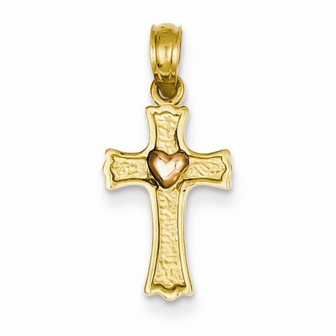 14k Gold Two-tone Budded Cross w/Pink Heart Pendant, Pendants for Necklace