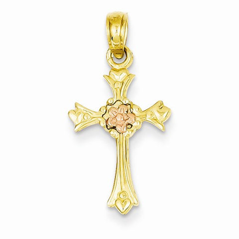 14k Gold Two-tone Cross w/Heart Ends & Pink Flower Pendant, Pendants for Necklace
