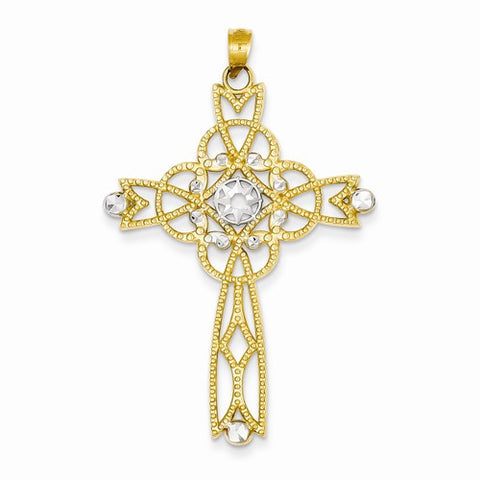 14k Gold w/Rhodium Diamond-cut Beaded Trim Infinity Cross Pendant, Pendants for Necklace