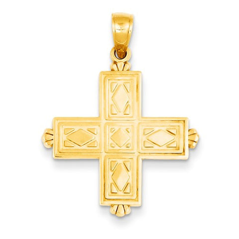 14k Gold Etched Square Cross w/Crown Tips Pendant, Pendants for Necklace