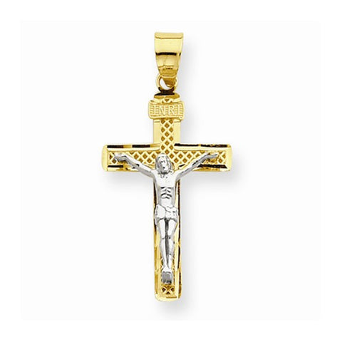 14k Gold Two-tone D/C Medium Block Lattice Cross w/Crucifix Pendant, Pendants for Necklace