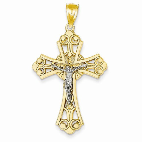 14k Gold Two-tone Sunburst Center Budded Crucifix Pendant, Pendants for Necklace
