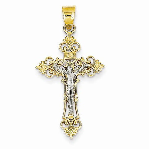 14k Gold Two-tone Medium Lacey-edged INRI Crucifix Pendant, Pendants for Necklace